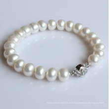 9-10mm blanco pulsera de agua dulce estirada de perlas (EB1540-1)